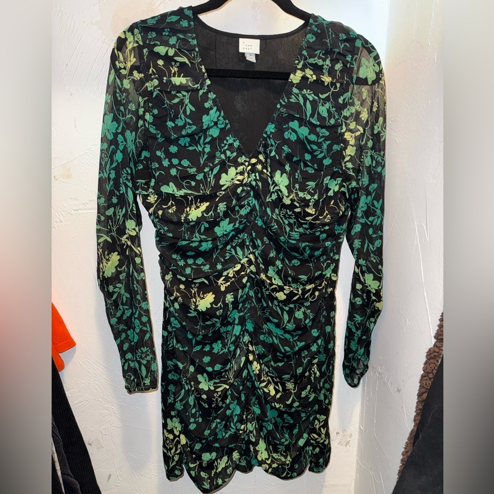 A New Day Black and Green Floral Long Sleeve Dress